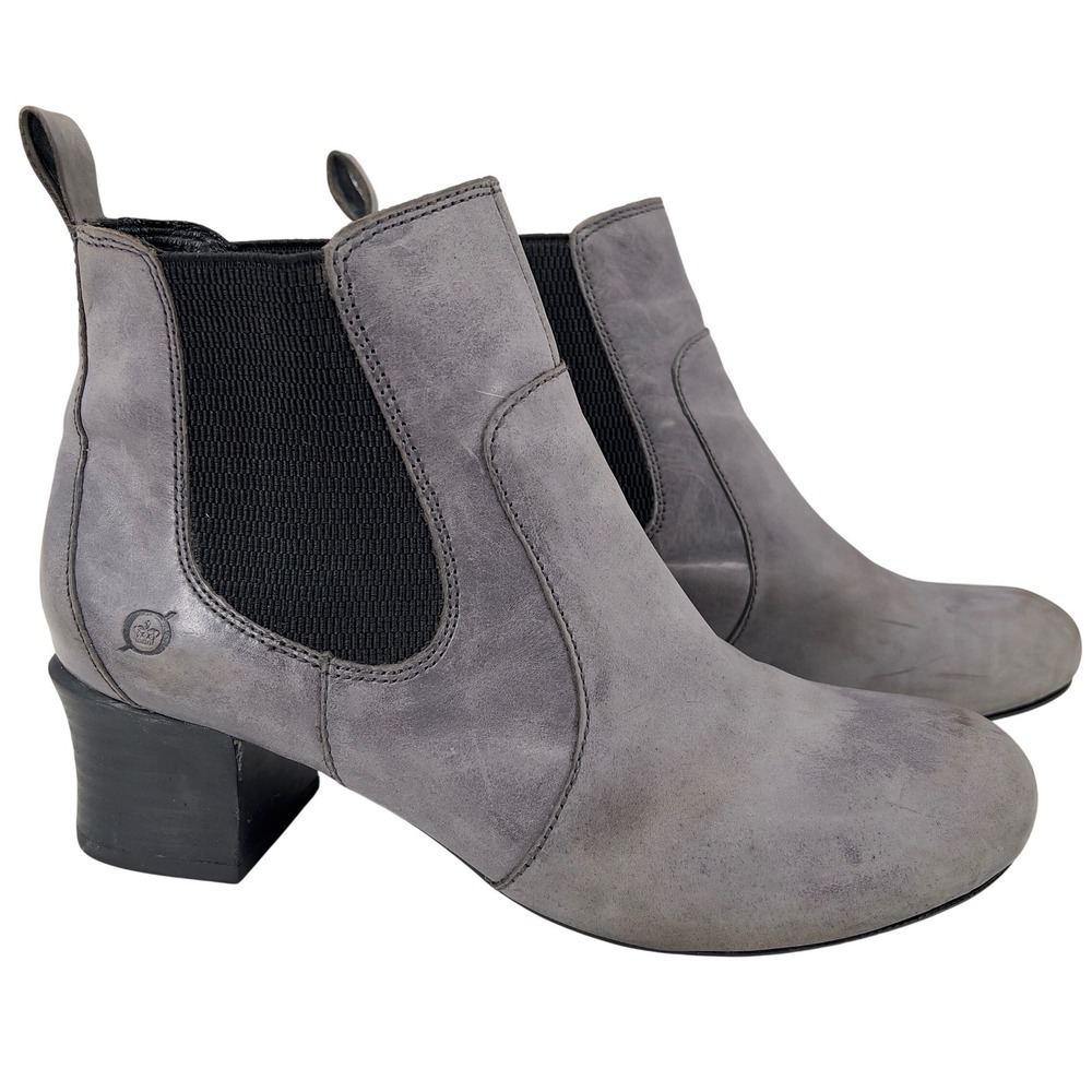 Born Zena Womens 9 Gray Leather Chelsea Ankle Boots Block Heel Distressed Look